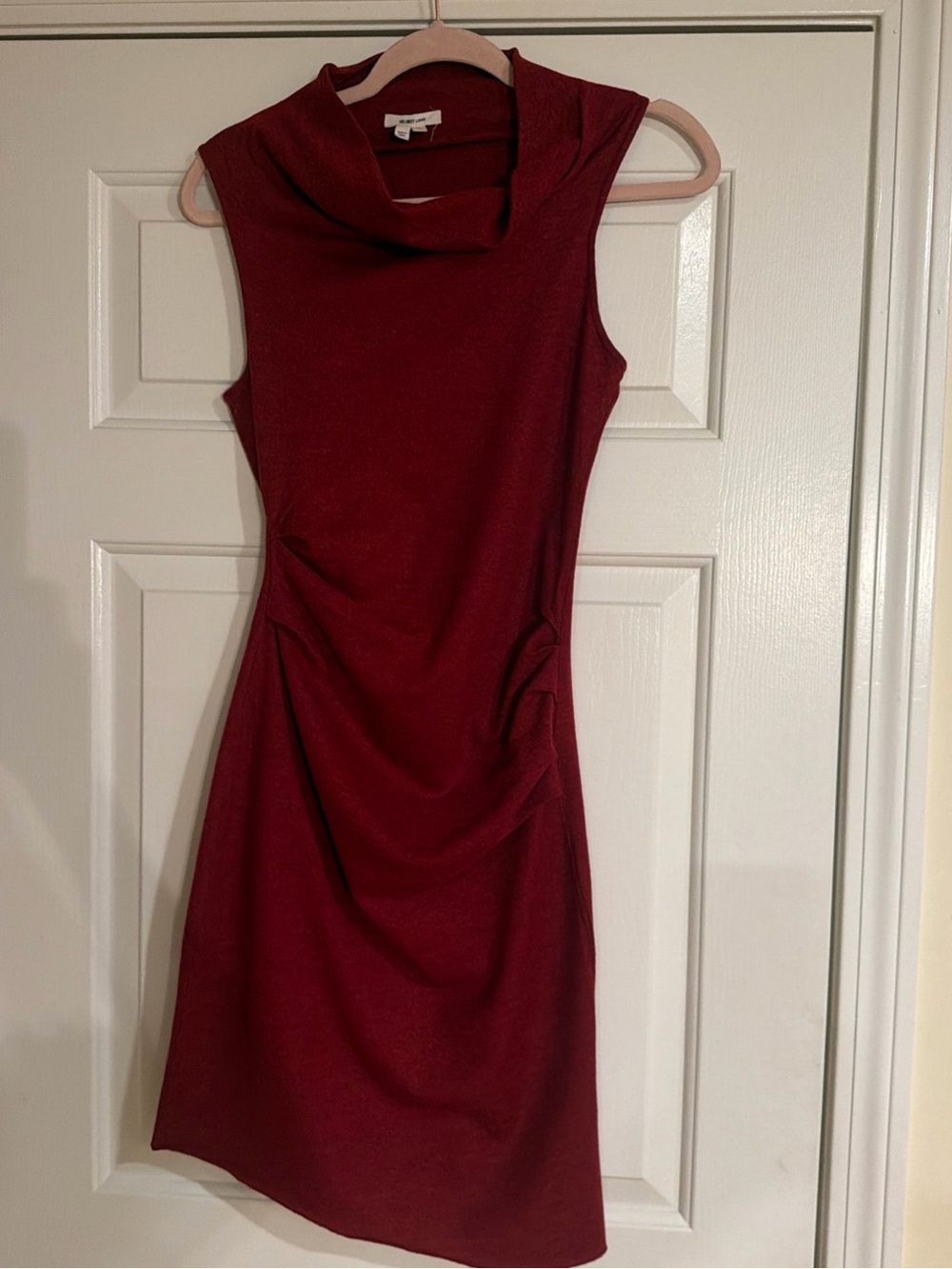Helmut Lang Sleeveless Cowl Neck Ruched red mini dress size S 100% wool